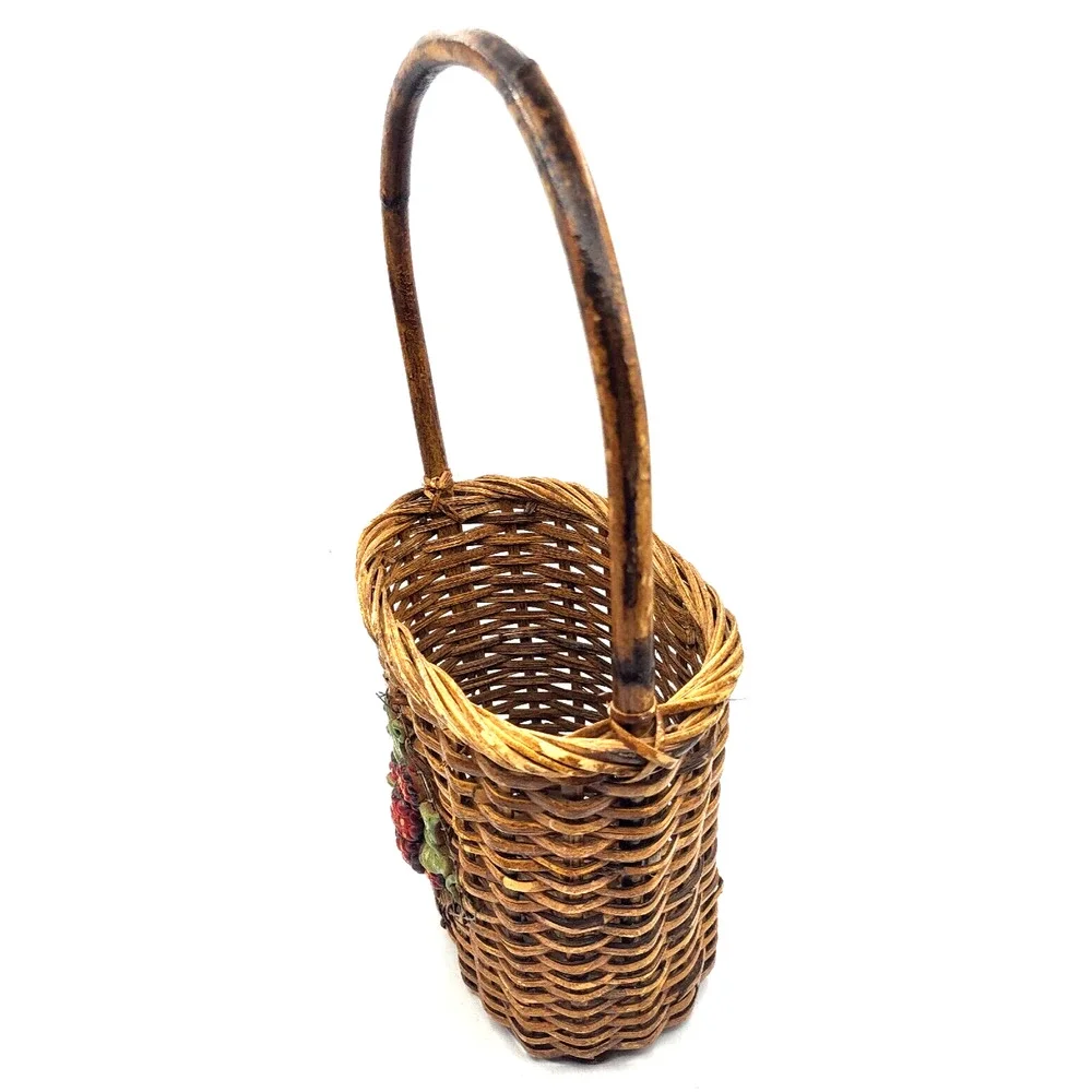 Vintage Farmhouse Basket with Strawberries Bamboo Handle 17x6